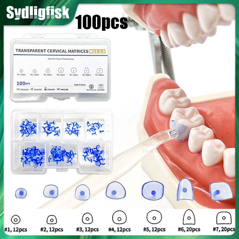 Dental Impression Material Kit - 100 ชิ้น/เซ็ต Dental Matrix สีฟ้าโปร่งใสเมทริกซ์ปากมดลูกชุดสําหรับคอมโพสิต Gingival
